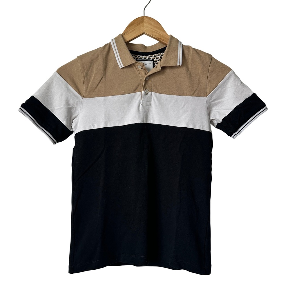 Cactus Boys Colorblock Polo Shirt Tan White Black Short Sleeve Size 8 CM128